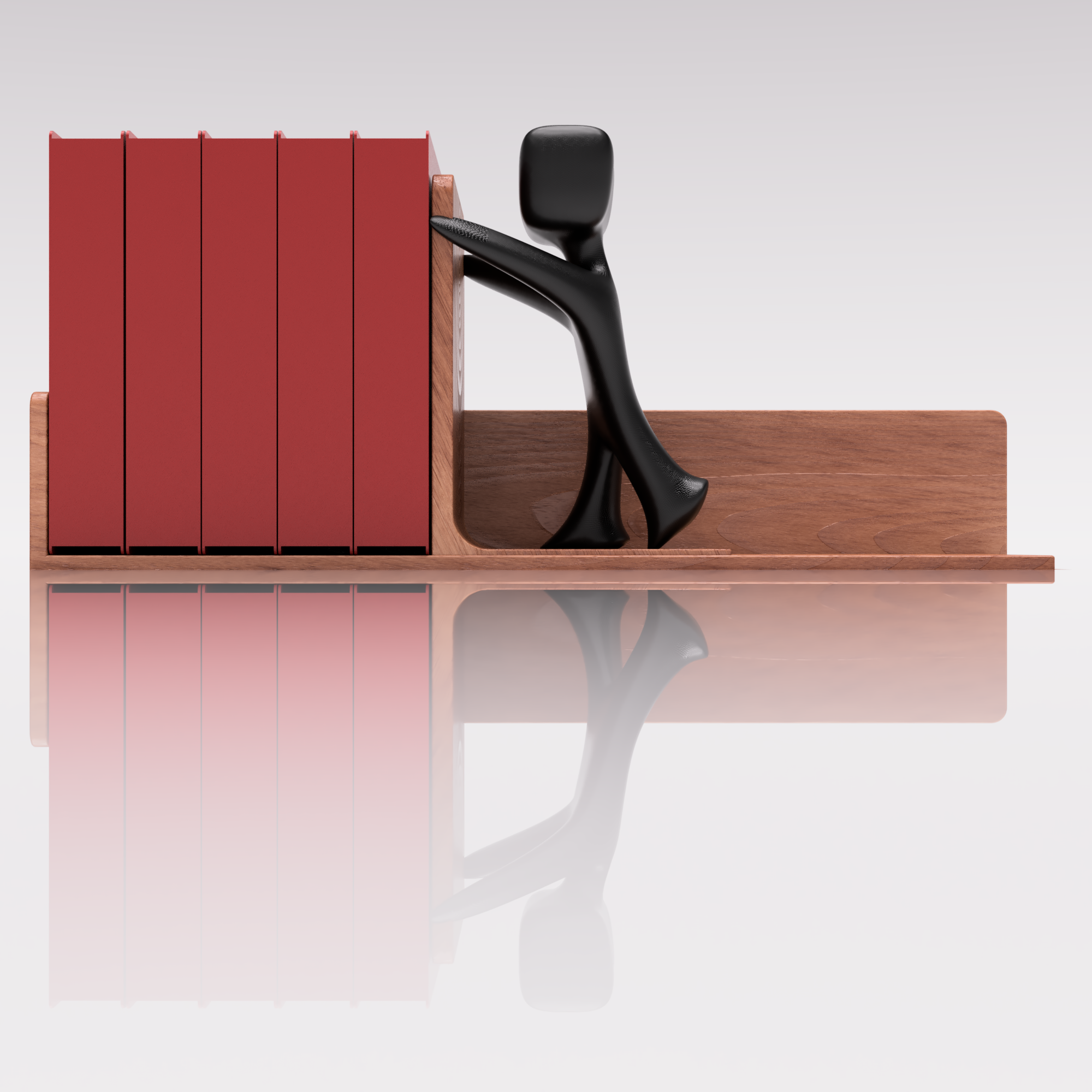 Side elevation of the bookshelf showing the channel and the leaning figurine