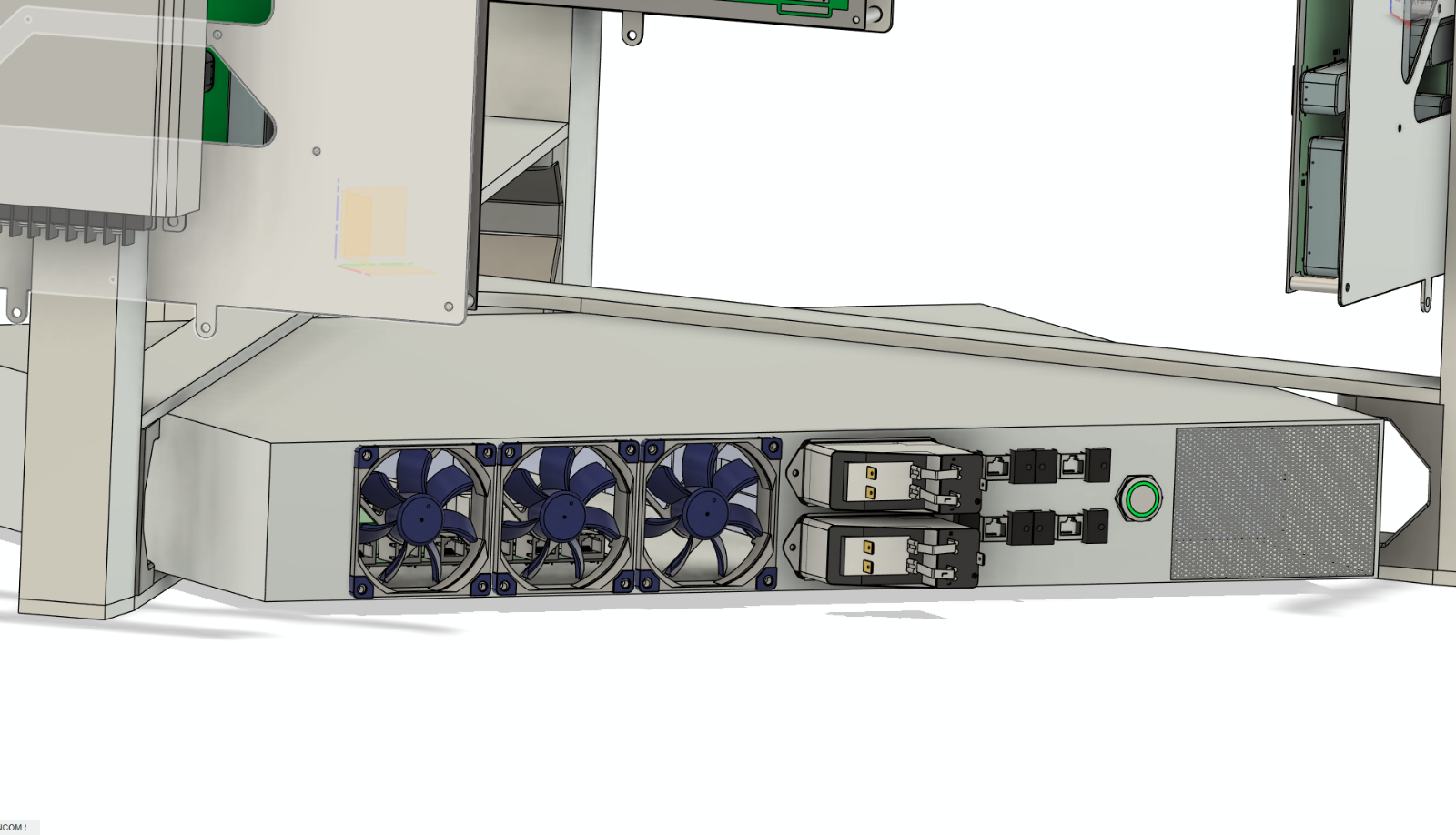 Server drawer front face with fans, interface and power button