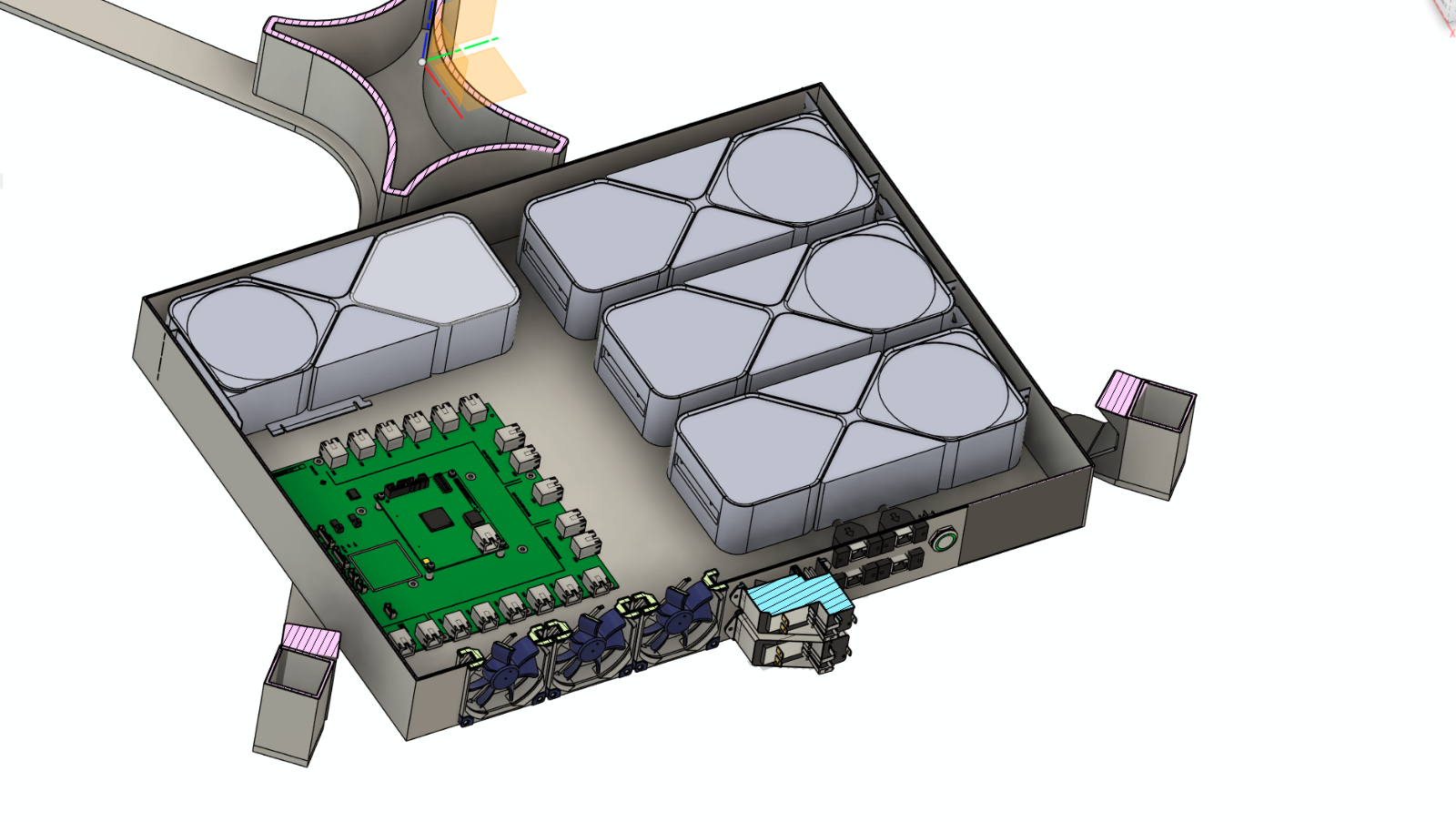 Server drawer interior with four GPUs, main board and fans