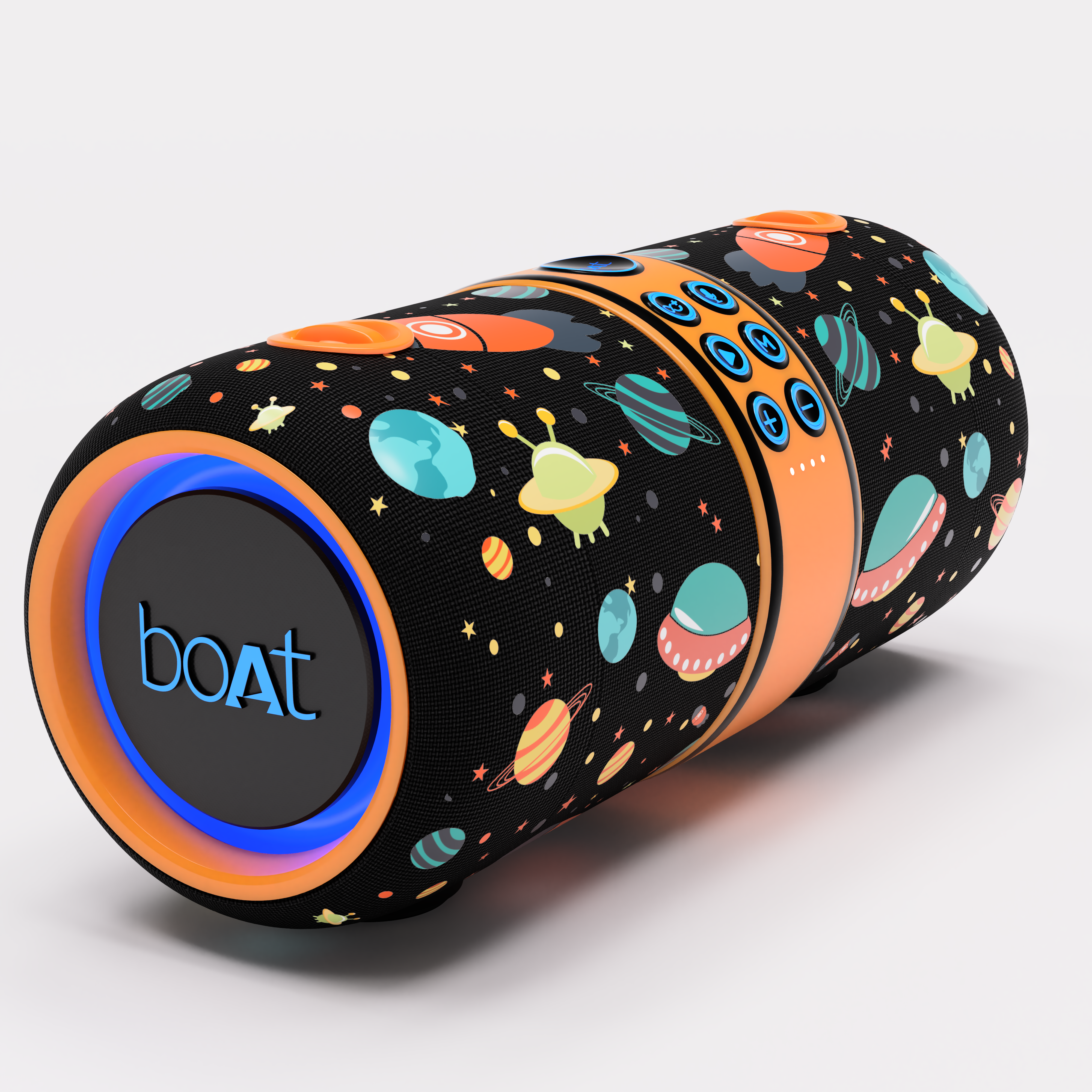 Three-quarter view of the redesigned speaker showing orange rings and carry loops