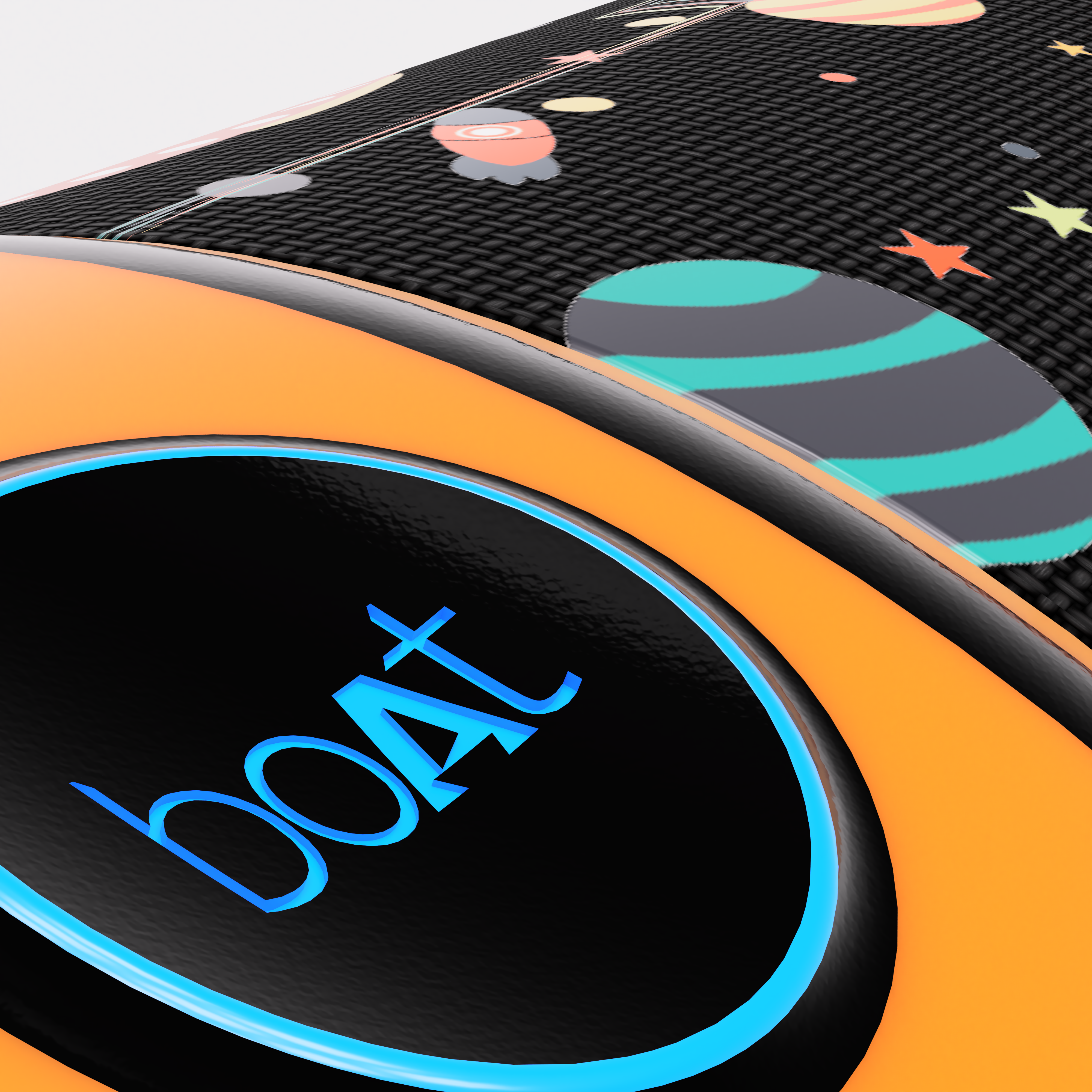 Close detail of the woven space print and the illuminated driver ring