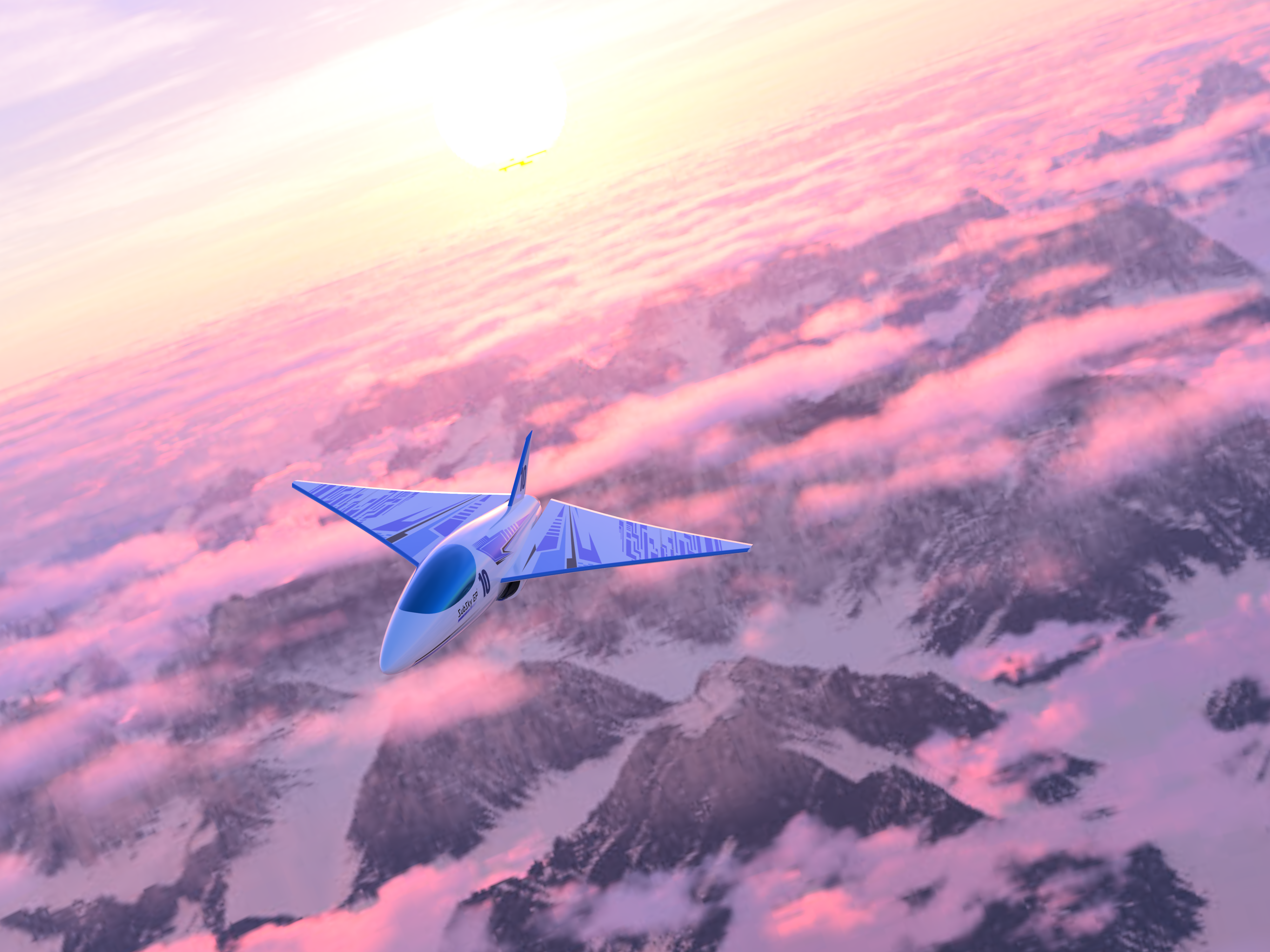 SubSky GP aircraft over mountains at sunset