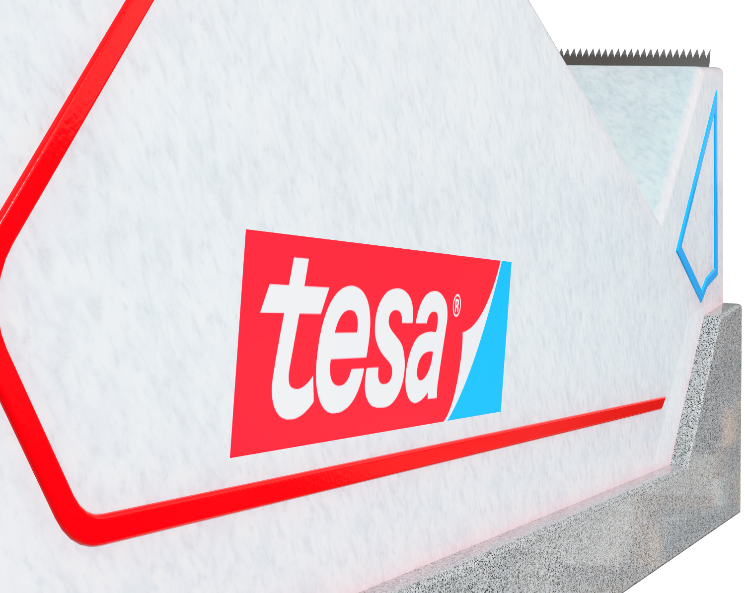 Stone-look body detail with tesa logo and blue triangle